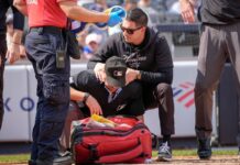Injured umpire Nick Mahrley sidelined through at least Sunday