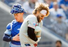 Phillies’ Bryce Harper hit on left elbow by pitch, leaves game