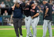 Guardians RHP Ben Lively exits after comebacker hits leg