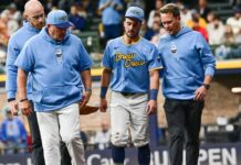 Brewers’ Sal Frelick leaves game after crashing into RF wall