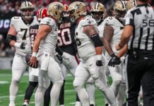 Taysom Hill scores for the Saints twice in the first period versus the Falcons