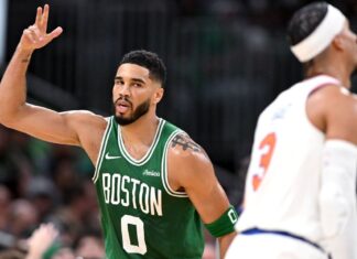 The Celtics defeated the Knicks and tied the three-point record in the American Basketball League with 29 points