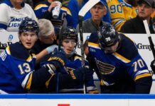 Blues’ Holloway to hospital after being hit in neck by puck